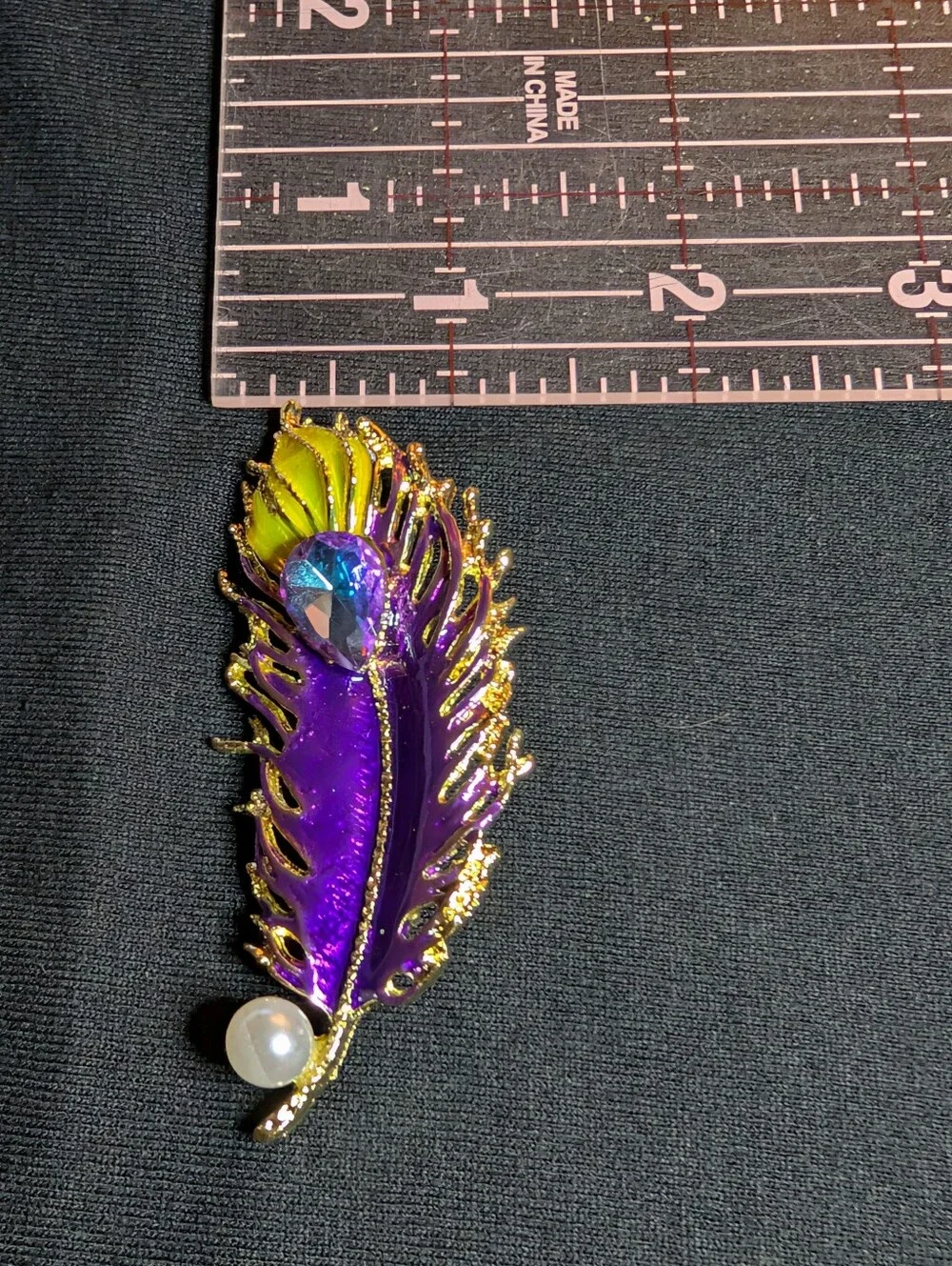 Purple and Green Feather Brooch with Pearl Accent